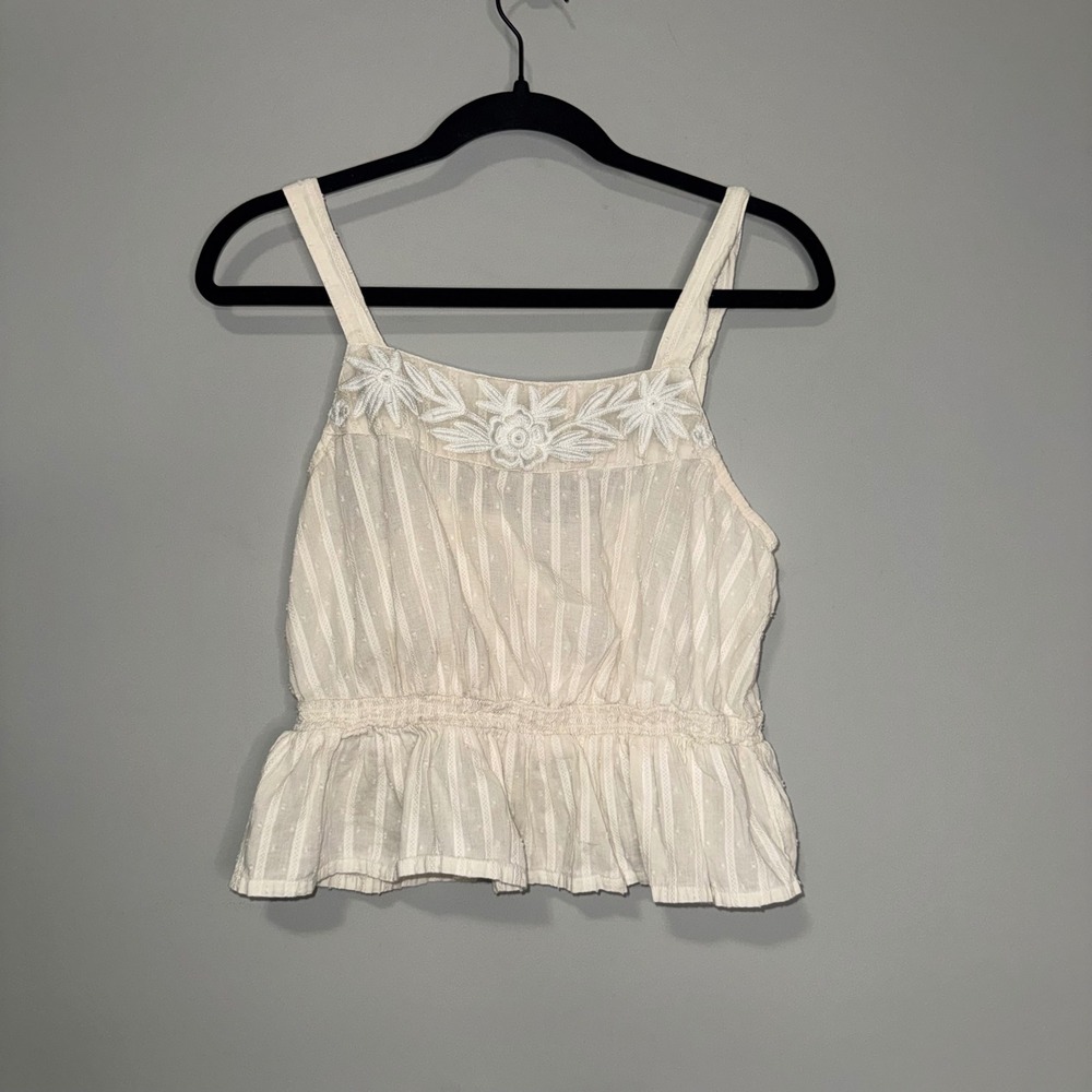 Shyanne Cream Embroidered Peplum Camisole Top Swiss Dot Smocked Waist Medium